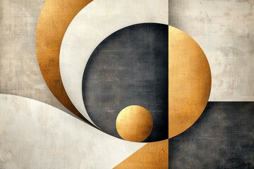 Painting of a gold and black circle with a gold ball inside