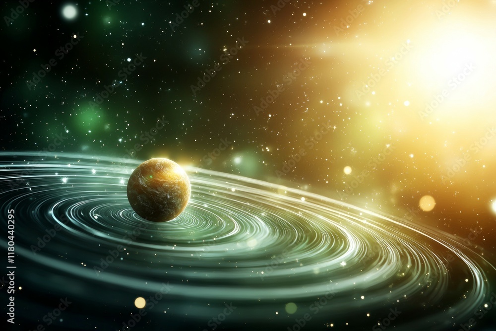 Poster planet is floating in space with a large, glowing ball in the center