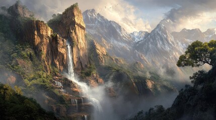 A waterfall rushing down a rocky cliff, enveloped in morning mist, with forest trees adding to the serene setting.