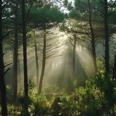 Obraz premium Misty Pine Forest with Sunlight Beams Breaking Through the Hazy Dawn