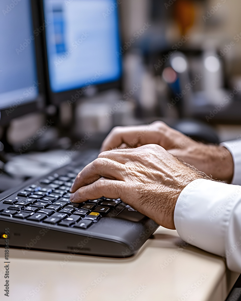 Poster close-up of hands using an ergonomic keyboard at a computer