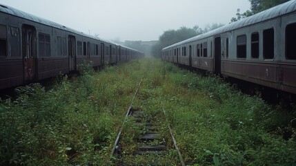 Fototapeta premium Abandoned train cars flank a narrow, overgrown track enveloped in mist, presenting an evocative scene of decay and forgotten journeys.