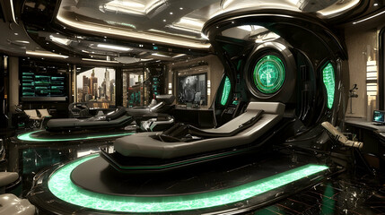 Futuristic lounge interior with city view and interactive elements.