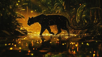 Black Panther Walking Through Golden River At Night