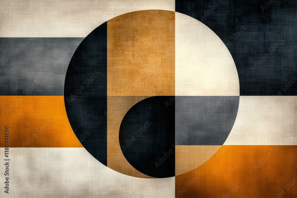 Poster piece of art with a large circle in the center and a square in the background