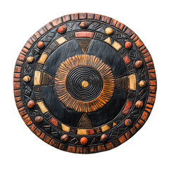 Traditional african shield displayed in cultural exhibit art gallery wooden sculpture vibrant colors close-up perspective
