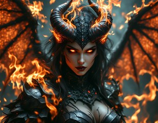 Fiery Demoness: Dark Fantasy Art with Flaming Horns and Wings