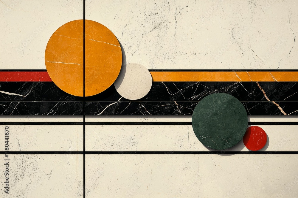 Poster painting of a line of circles with one of them being a large red circle