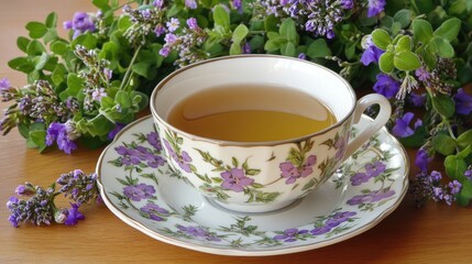 Fototapeta premium Herbal tea in a delicate teacup, with a floral wreath adorning the wooden table setup.