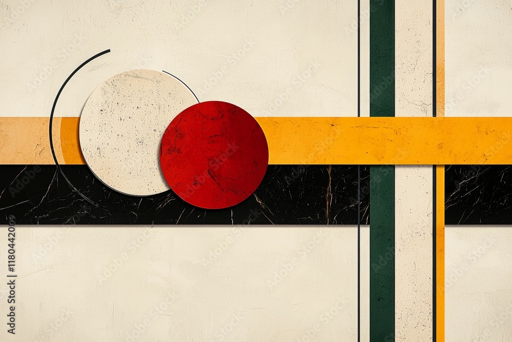 Poster painting of two circles and a line with a red circle in the middle