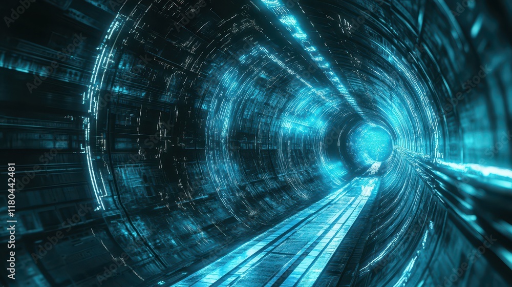 Poster exploring futuristic digital tunnel sci-fi concept virtual environment immersive experience