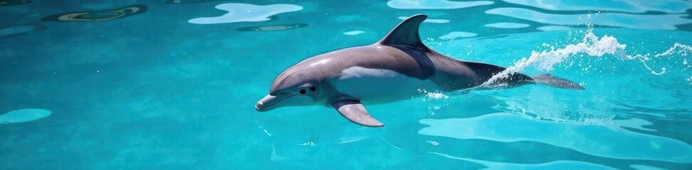 Dolphin swims in clear blue water with waves in background, underwater scene, marine life
