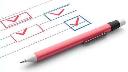 Checklist action with red pen office setting document type minimalist environment close-up view productivity concept