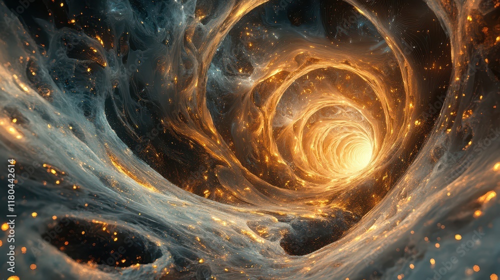 Poster exploring cosmic vortexes digital art of a spiraling energy tunnel space abstract visualization futu
