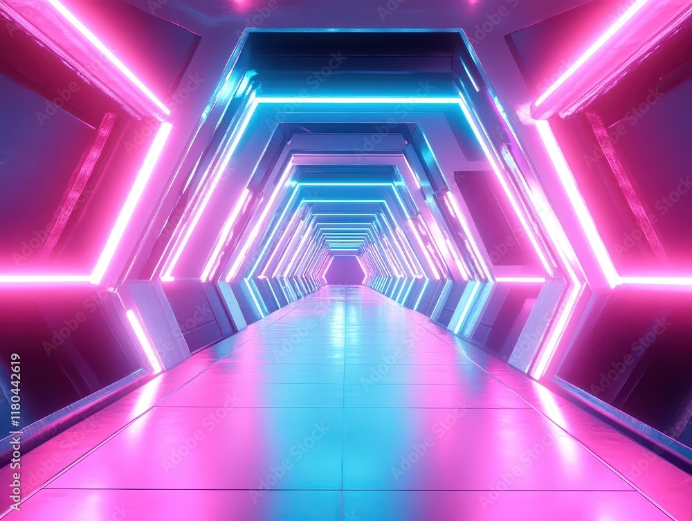 Poster illuminated neon corridor futuristic setting digital art high-tech environment straight-on view visu