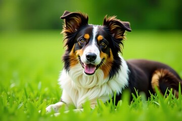 Fototapeta premium Fluffy border collie relaxing in lush green field, landscape, relaxation, outdoor