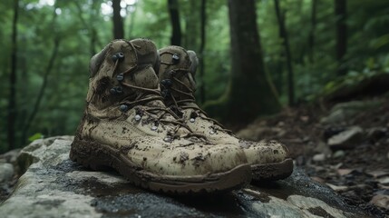 Rugged outdoor boots with mud splatter resting on a rock in a scenic forest.