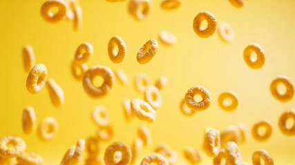falling Cheerios isolated on yellow background