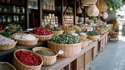 Fototapeta premium A vibrant market stall displays an array of colorful spices and herbs, inviting exploration of diverse flavors and aromas.