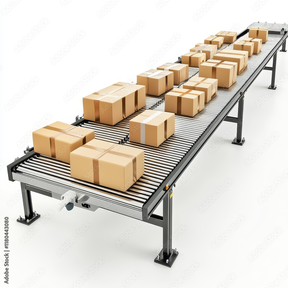 Poster streamlined package handling warehouse industrial workflow efficient environment side view logistics