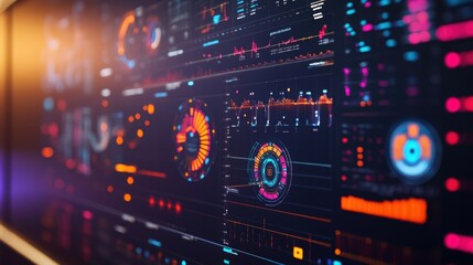 Obraz premium Complex manufacturing data analysis and statistics are displayed on a futuristic control panel, showing various graphs, charts, and metrics, providing real time insights into the production process