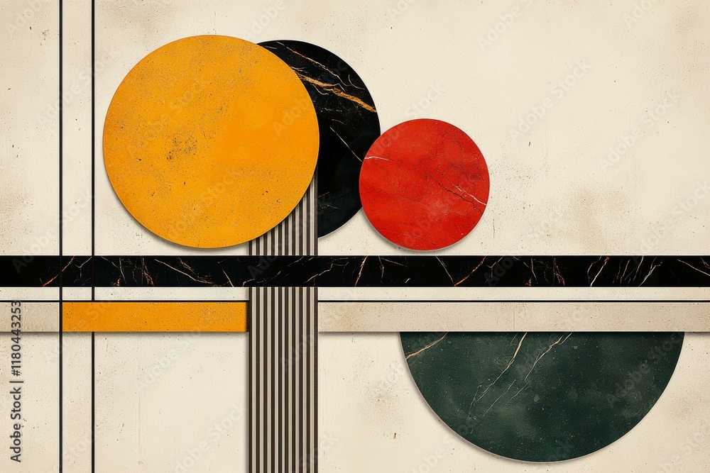 Poster painting of three circles and a line with a tree in the middle