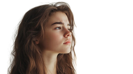 Fototapeta premium Portrait of a young woman with expressions of worry surrounded by symbolic thoughts