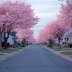 A Charming Spring Street with Blooming Cherry Blossom Trees in a Quiet Suburban Neighborhood