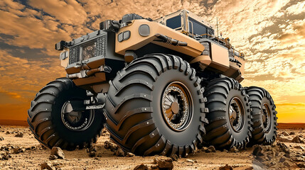 Obraz premium Off-road monster truck, desert landscape, dramatic sky, exploration vehicle.