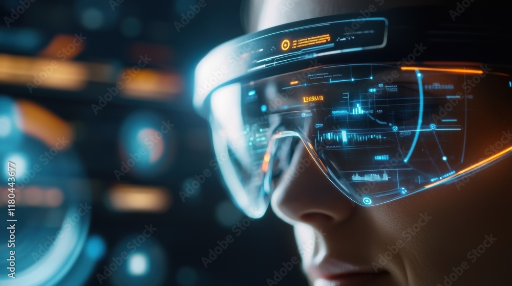 Poster close up of futuristic ar glasses displaying holographic data and charts, suggesting advanced techno