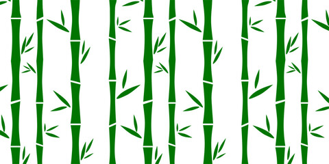 Seamless bamboo forest pattern. Green bamboo stalks and leaves on white background. Simple cartoon style vector illustration.