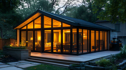 Fototapeta premium Illuminated modern sunroom addition photo - evening ambiance. Solarchime. Illustration