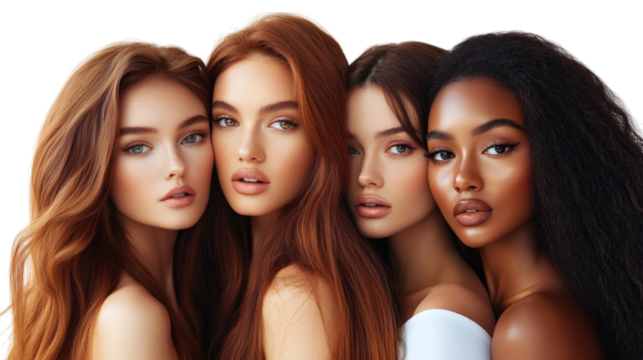 Portrait of diverse group of beautiful females isolated on white background