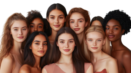 Portrait of diverse group of beautiful females isolated on white background
