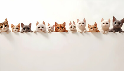 A playful row of curious cats and dogs peek over the edge of a blank white sign, showcasing their adorable faces and paws. An inviting backdrop for any message.