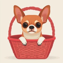 Cute Chihuahua Dog Sitting in a Red Woven Basket in Cartoon Style