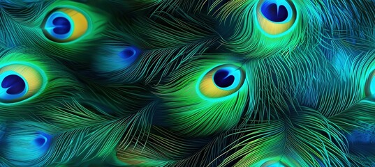 A close-up digital artwork of peacock feathers featuring intricate details, vibrant green and blue hues, and delicate textures. A nature-inspired composition.