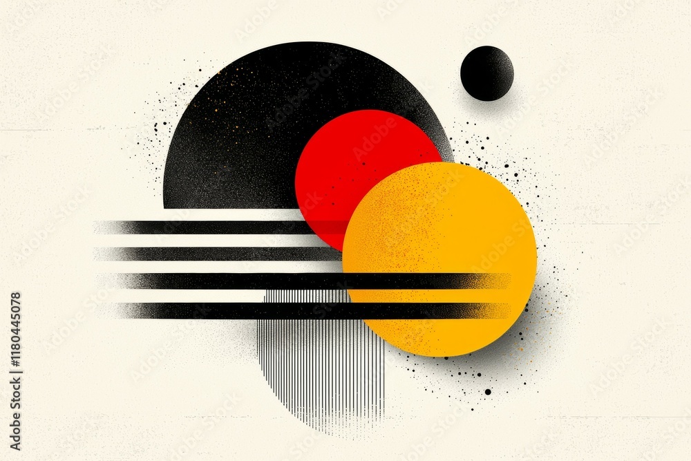 Poster painting of two circles and a triangle with a black background