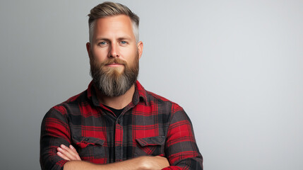Obraz premium Confident man with beard wearing red plaid shirt, standing against light background.