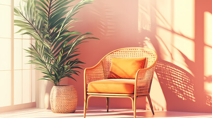 Retro chair with wicker backrest and cushions evoking a breezy, bohemian vibe perfect for a sunroom. Solarchime. Illustration