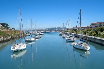 Fototapeta premium Tranquil Marina with Moored Sailboats Under Clear Blue Sky
