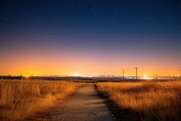 Clear night sky with distant city light pollution over a rural path filled with soft glowing light