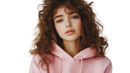 A women wearing pink hoodie with curly brown hair isolated on white background