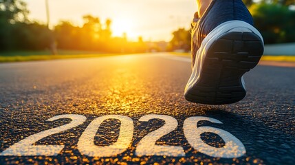 A close-up of a runner’s foot in motion on a road marked with 2026 as the sun sets in the background