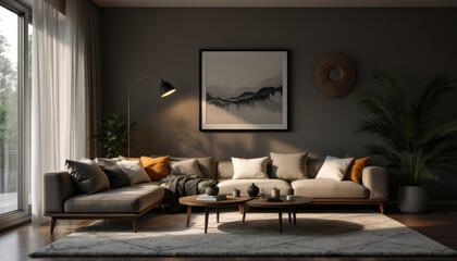 Cozy modern living room night with a large window, a gray sofa, a coffee table, and a painting on the wall.