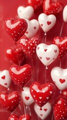 Red and white balloons with hearts create a romantic Valentine's Day atmosphere, perfect for festive designs and celebrations