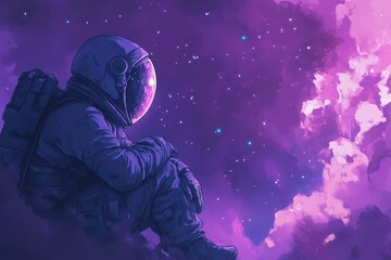 Astronaut Contemplating the Cosmic Purple Nebula