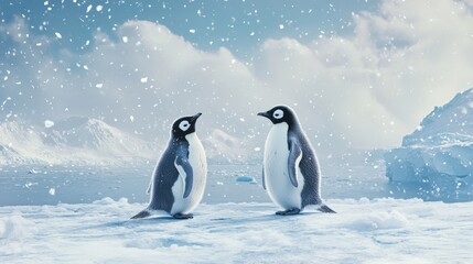 Fototapeta premium Two Penguins Standing on Snowy Antarctic Ice