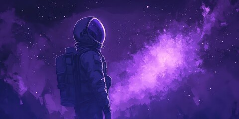 Astronaut gazing at a purple cosmic nebula