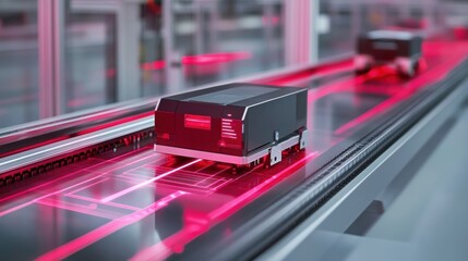 Obraz premium Automated guided vehicle - agv - transporting goods on a futuristic assembly line, illuminated by red laser lights, showcasing advanced automation and manufacturing processes in a modern factory